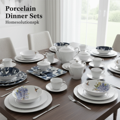 A diverse collection of porcelain dinner sets featuring classic white, modern geometric, and delicate floral designs, elegantly arranged on a dining table for an e-commerce product display.