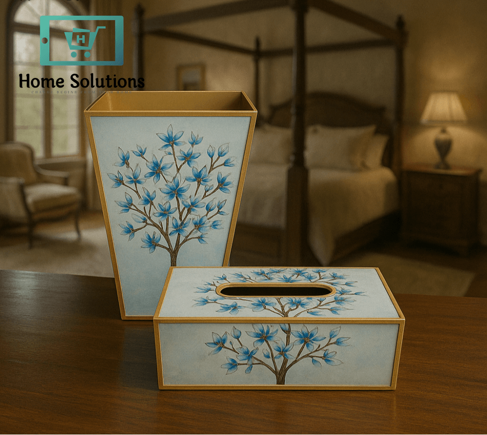 Angela Blue Magnolia Tissue Box & Wastebasket Set – Elegant Floral Décor for Home & Office 2 Angela Blue Magnolia Tissue Box & Wastebasket Set – Elegant Floral Décor for Home & Office