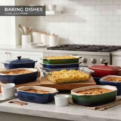 A warm e-commerce image showcasing a collection of colorful ceramic and glass baking dishes of various sizes, some with lids, filled with baked goods like casseroles and fruit crisps. They are artfully arranged on a kitchen countertop. The text overlay reads 'BAKING DISHES HOME SOLUTIONS'