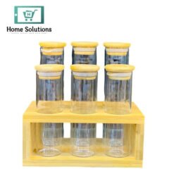 6-Piece Cylinder Glass Jar Condiment Organizer with Airlock Lids & Wooden Stand