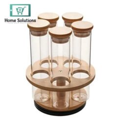 5-Piece Cylinder Glass Condiment Jar Set with Airlock Lids & Wooden Organizer Stand