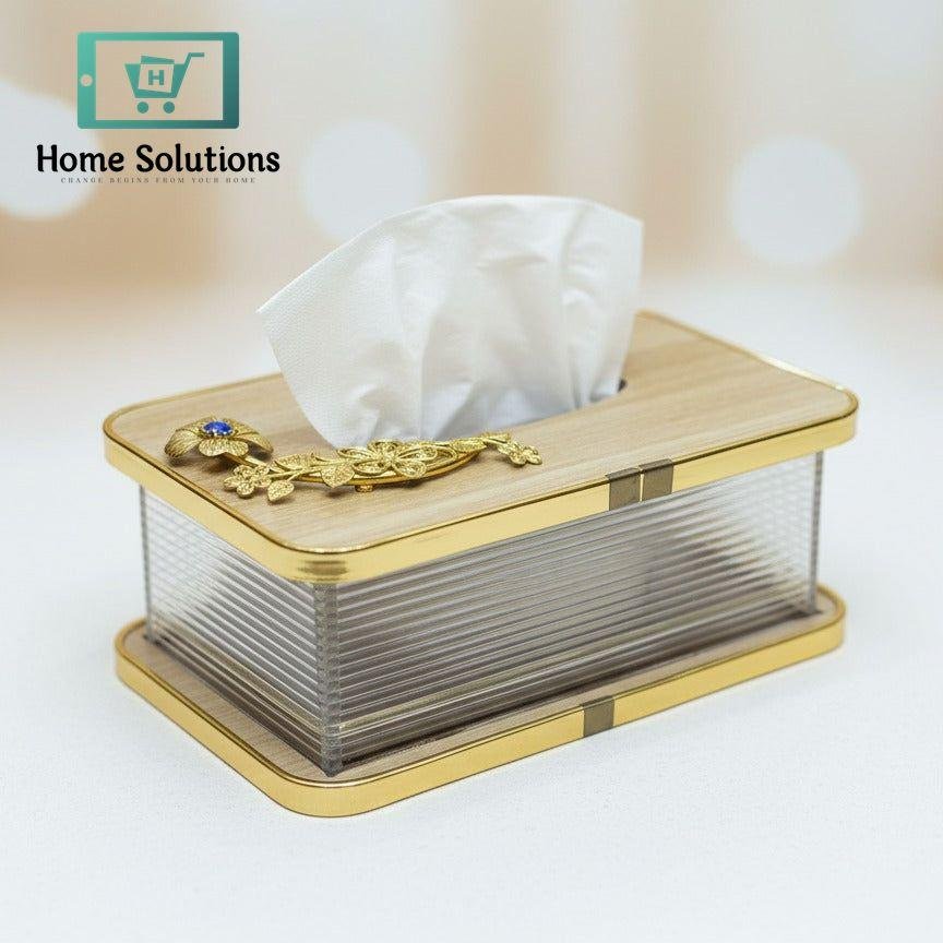 Premium Wood Top Gilded Tissue Box with Metal Motif 5 Tissue box with gold accents on a light background