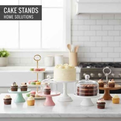 A bright e-commerce image featuring a variety of elegant cake stands, including single-tier, multi-tier, and domed stands, in various colors and materials, all displaying cakes, cupcakes, and macarons. The stands are arranged on a clean kitchen counter. The text overlay reads 'CAKE STANDS HOME SOLUTIONS'