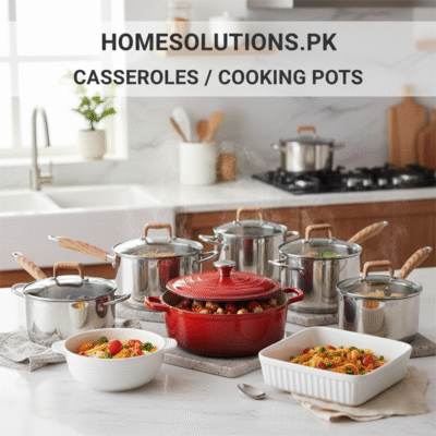 Homesolutionspk Casseroles / Cooking Pots category image featuring a red casserole dish and various stainless steel cooking pots with steaming food in a modern kitchen.