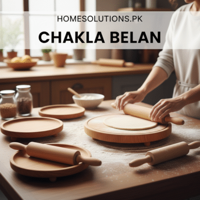 Homesolutionspk Chakla Belan category image showcasing wooden chaklas and belans (rolling pins) on a floured counter with a person rolling dough in a rustic kitchen setting.