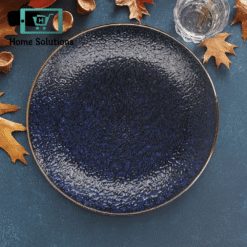 Danny Home Ceramic Dinner Plate – Deep Blue Textured Finish with Gold Rim for Luxurious Dining