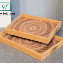 Bamboo Woven Design Serving Tray Set with Gold Handles 9 Two wooden trays with wicker-like surface and gold handles on a gray surface.