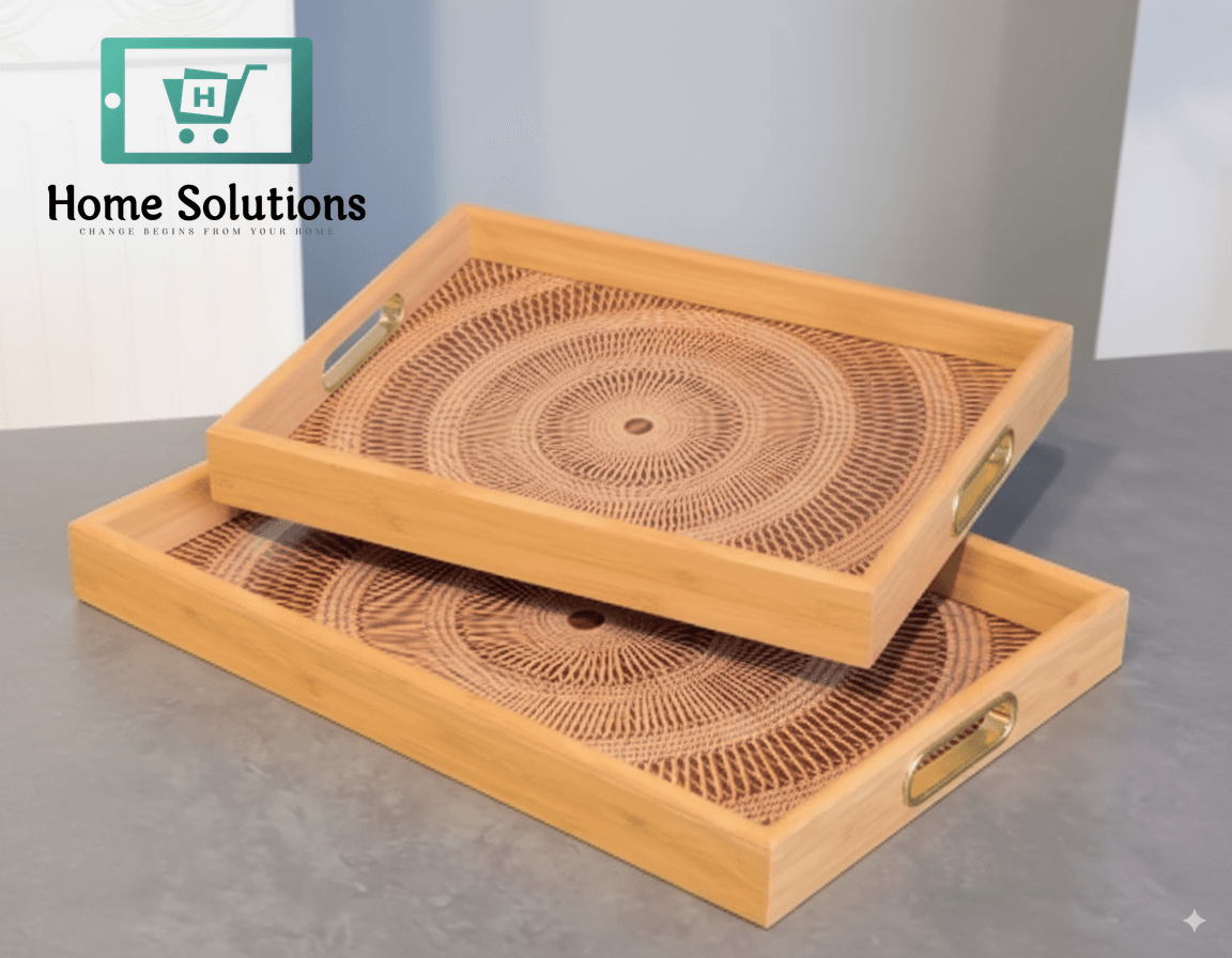 Bamboo Woven Design Serving Tray Set with Gold Handles 6 Two wooden trays with wicker-like surface and gold handles on a gray surface.