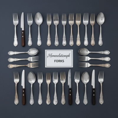 A meticulously arranged collection of high-quality silver and wood-handled forks and cutlery pieces from Homesolutionspk, displayed on a sleek gray background. Features various styles of dinner forks, salad forks, and serving forks, alongside knives and spoons, highlighting elegance and durability for dining. Perfect for enhancing kitchenware and table settings at Homesolutionspk.