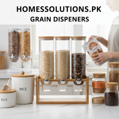 Homesolutionspk Grain Dispensers category image featuring multiple stylish glass, ceramic, and bamboo grain dispensers filled with various grains in a modern kitchen.
