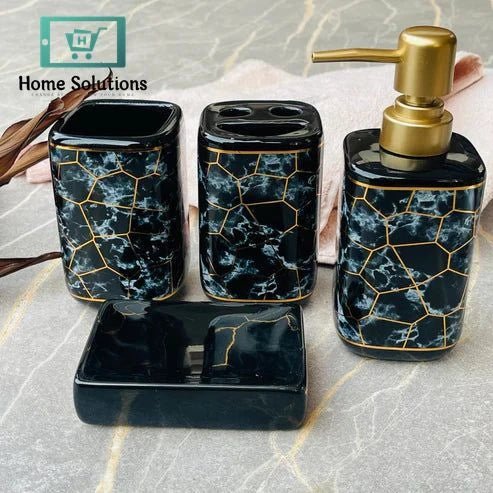 Marble Black Bathroom Accessory Set – 4 Piece Collection 3 Bathroom accessory set with black marble pattern on a gray surface