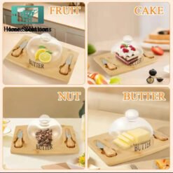 Modern Style Bamboo Base Butter Dish With Glass Doom And Butter Knifes KITCHENWARE