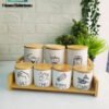 Porcelain 7pcs Condiments Airtight Jars Set With Real Bamboo Lids And Bamboo Rack HOUSEHOLD