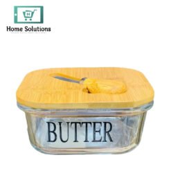 Glass Butter Dish with Wooden Lid & Steel Knife – Airtight Square Storage