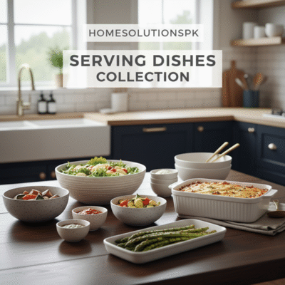 Homesolutionspk Serving Dishes Collection. A beautifully arranged wooden table showcasing various white and speckled ceramic serving bowls and rectangular dishes filled with a green salad, pasta bake, roasted vegetables, and asparagus, set in a modern kitchen background.
