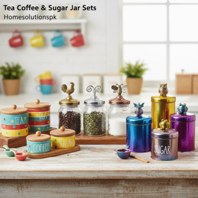 A vibrant collection of whimsical ceramic, glass, and metal tea, coffee, and sugar jar sets displayed on a wooden surface, suitable for an e-commerce product page.