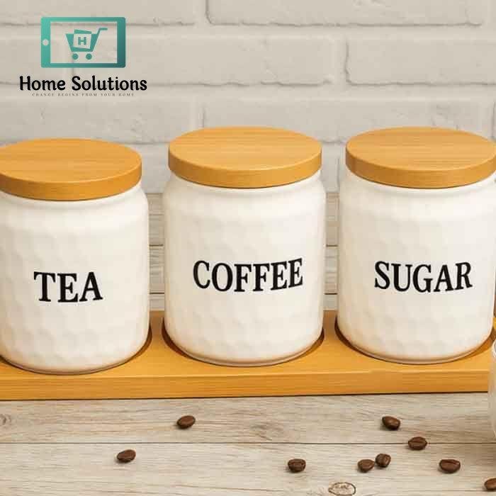 3-Piece Airtight Tea Coffee Sugar Jar Set With Wood Stand 4 3-Piece Airtight Tea Coffee Sugar Jar Set With Wood Stand - Image 2