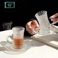 vintage clear glass tea cups with saucers elegant textured turkish espresso mug set handle 6pcs 870 - Home Solutions