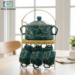 Green marble ceramic soup bowls with golden arch rack stand, 15-piece luxury soup set
