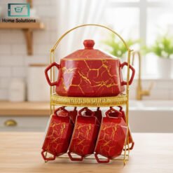 Red marble ceramic soup bowls with golden arch rack stand, 15-piece luxury soup set