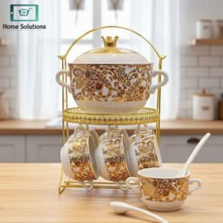 Golden paisley printed ceramic soup set with luxury arch rack stand
