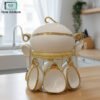 White ceramic soup Set and spoons set with decorative golden spoon stand rack