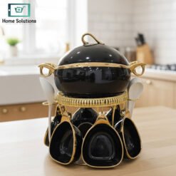 Black ceramic soup Set and spoons set with decorative golden spoon stand rack