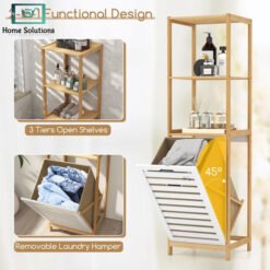 Bamboo Laundry Basket and Cabinet with 3 Tier Storage Shelves 4 - Home Solutions