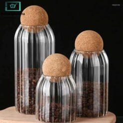 Transparent vertical textured glass jar with airtight cork ball lid