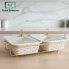 white twin chafing dish ceramic with gold stand