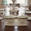 White twin chafing dish ceramic with gold stand