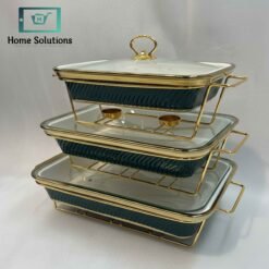 Green ceramic chafing dish set with gold metal stand