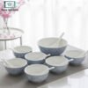 Elegant 14-Piece Marbled Ceramic Soup Bowl Set - Sky Blue 1 14-piece marbled ceramic soup bowl set with golden rim bowls and spoons