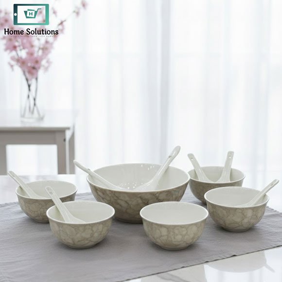 Elegant 14-Piece Marbled Ceramic Soup Bowl Set - Choclate 3 14-piece marbled ceramic soup bowl set with golden rim bowls and spoons