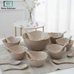 Luxury 14-piece ceramic soup set with gold trim bowls and spoons