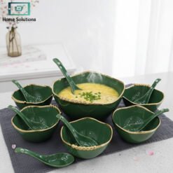 Luxury 14-piece ceramic soup set with gold trim bowls and spoons