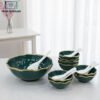 14-piece ceramic soup set with golden rim bowls and spoons