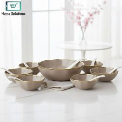 14-piece ceramic soup set with golden rim bowls and spoons