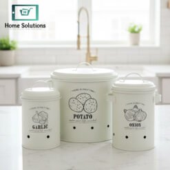 White Metal Potato Onion Garlic Storage Canister Set – 3 Pieces