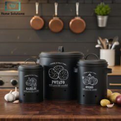 Black Metal Potato Onion Garlic Storage Canister Set – 3 Pieces