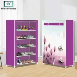 Purple 5-layer printed shoe rack with floral front cover,