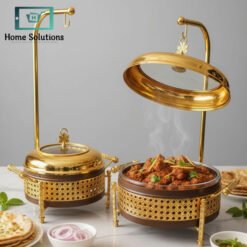 Premium round gold chafing dish for buffet and food warming.