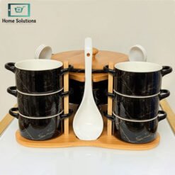 Black marble ceramic soup set with wooden stand, center warmer and ceramic spoons – 16-piece serving set.