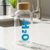 “Clear borosilicate H2O glass water bottle with a wooden cap