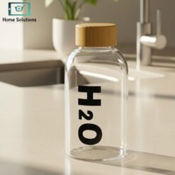 “Clear borosilicate H2O glass water bottle with a wooden cap