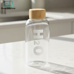 “Clear borosilicate H2O glass water bottle with a wooden cap