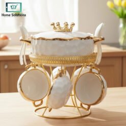 White ceramic soup set with golden stand and handles, displayed on glass shelf — luxury soup serving set 16 pcs.