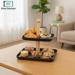 Alternative view of Two-Tier Black Serving Tray with Wooden Stand