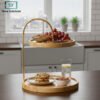 2 tier bamboo serving stand with gold metal handle