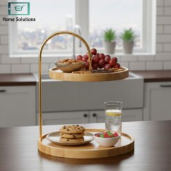 2 tier bamboo serving stand with gold metal handle